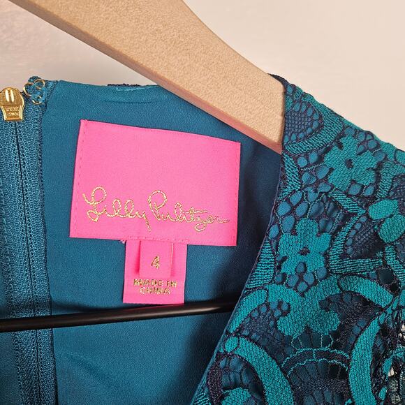 Lilly Pulitzer Georgi Lace Puff Sleeve Dress 4 Valencia Teal Blue Mini Sheath - Picture 3 of 12